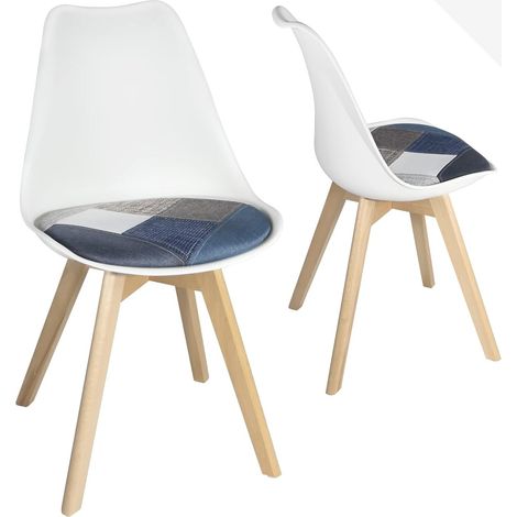 Ensemble de 2 chaises scandinaves, coussin en tissu patchwork, revêtement multicolore, pieds en bois de hêtre, coloris Light Lao (patch floral blanc) (1/5)