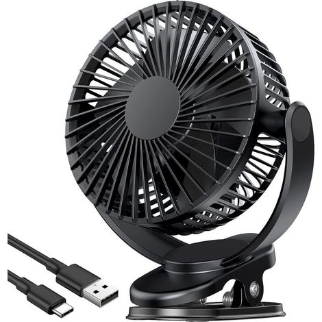 Ventilateur de bureau USB rechargeable à pince, 3 vitesses, batterie 5000 mAh, rotation 720°, pince robuste pour la maison, le camping, le tapis de course et la voiture (1/4)