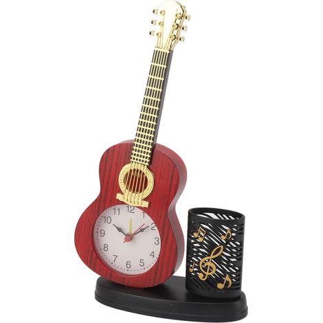 Horloge réveil guitare multifonction en ABS décorative robuste avec porte-stylos et taille-crayon pour bureau maison (1/5)
