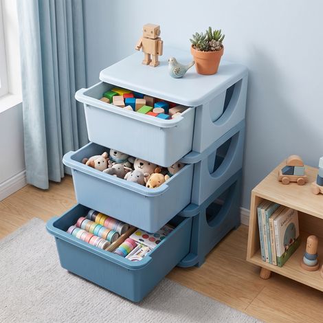 Organisateur de jouets pour enfants avec tiroirs à 3 niveaux, boîtes de rangement en plastique, 37 x 37 x 56,5 cm, bleu (1/5)