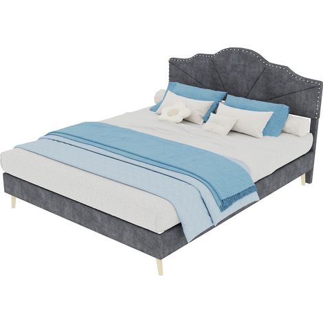Lit 140x200 avec matelas, tête de lit géométrique capitonnée, structure stable en tissu et métal gris pour chambre moderne - CHICFURN (1/5)