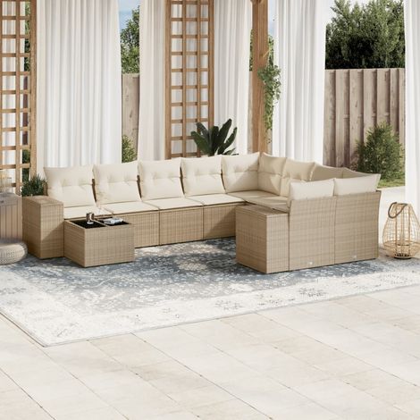 Salon de Jardin Résine Tressée Beige 10 Places avec Coussins - Ensemble Modulaire avec Table en Verre Trempé et Fonction Rangement (1/3)
