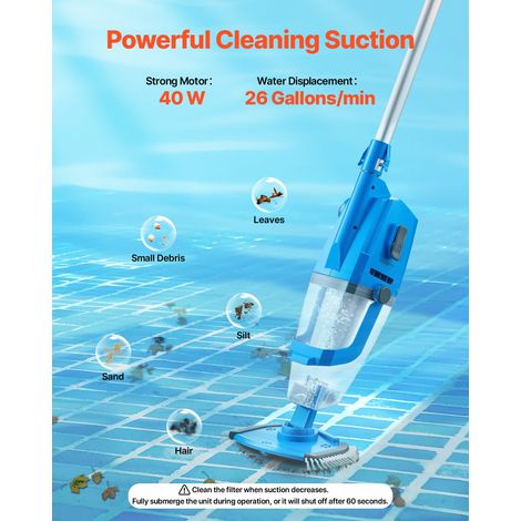 Avec Rallonge 1420mm Aspirateur de Piscine sans Fil Nettoyage du Fond Débit 100L/min Batterie Rechargeable Autonomie 60 Min (1/5)
