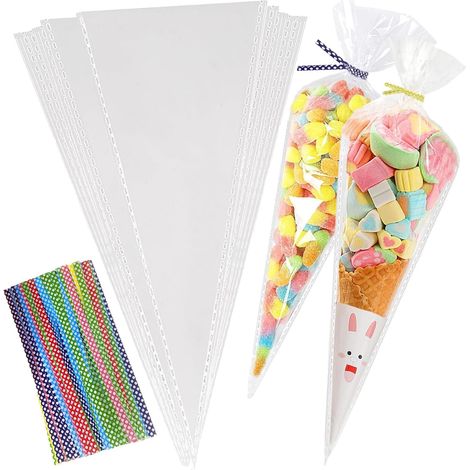 Packung mit 100 kegelförmigen Beuteln (30 x 16 cm) mit 100 farbigen Verschlussbändern, Süßigkeitenbeutel, dreieckige Beutel für Süßigkeiten, Kekse, Gebäck (1/5)