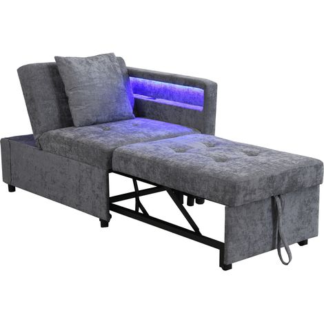 Polsterbett Schlafsofa 3 in 1 Multifunktions-Schlafsofa, Leinenstoffsofa mit verstellbarer Rückenlehne, Die Armlehne verfügt über LED-Lichtleisten und USB-/Typ-C-Anschlüsse,Liegesofa für kleine Räume (1/5)