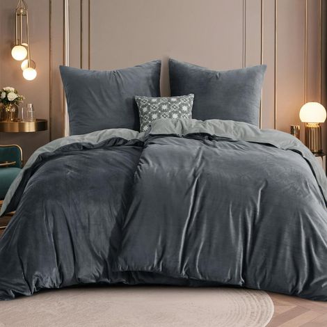 Ensemble de literie 4 pièces 135x200cm Flanelle Gris Housse de couette réversible avec fermeture éclair