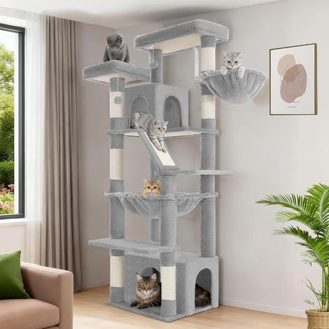 Arbre à Chat, XL, 183 cm Haut, 2 Plateformes, 2 Niches, 6 Griffoir, Un Panier pour Chat, Un Hamac. Convient à Toutes Les Races de Chats, Notamment Le Maine Coon, Gris Clair