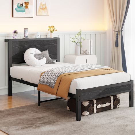 Letto singolo 90x200 cm in MDF e metallo nero con testiera contenitore - CHICFURN (1/5)
