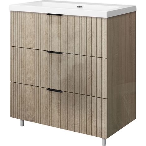OCEAN Ensemble meuble Salle de Bain Chêne Suspendu, 79x44.5x52cm Haute Brillance 3 Tiroirs avec Vasque (1/5)