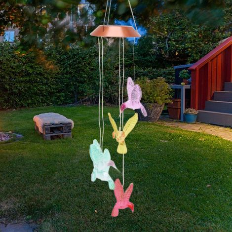 Beleuchtetes Solar-Windspiel mit farbwechselndem LED-Kolibri-Design, ideal zur Gartendekoration. (1/5)