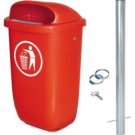 BRB Poubelle d'extérieur - Capacité : 50 l - Conforme à la norme DIN 30713 - Kit complet avec poteaux de tuyau galvanisés et colliers de serrage (rouge)