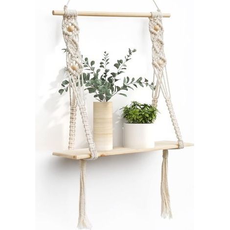 Etagere Murale Bois Macramé Boheme Design Etagere Suspendue Corde Flottante de Plantes Interieur Exterieur Rangement Decoration pour Salle de Bain Cuisine Chambre Bureau Salon (1/5)