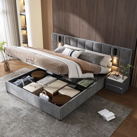 Cadre en acier lit damier gris 180x200 cm avec sommier hydraulique, lampe pivotante recharge USB, tête de lit large en mousse, velours gris, sans table de nuit
