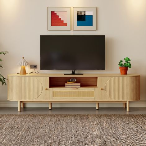 Meuble TV moderne 175x36x51 cm - Avec 2 portes et 1 tiroir en rotin - Étagères ouvertes - Naturel (1/5)