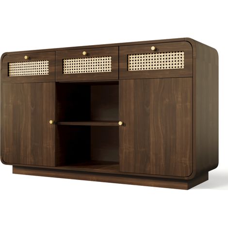Buffet commode 120 cm noyer, meuble à tiroirs avec rotin et poignées dorées, 3 tiroirs + 2 placards + étagère ouverte, étagères réglables en hauteur, H85/B120/T40 cm