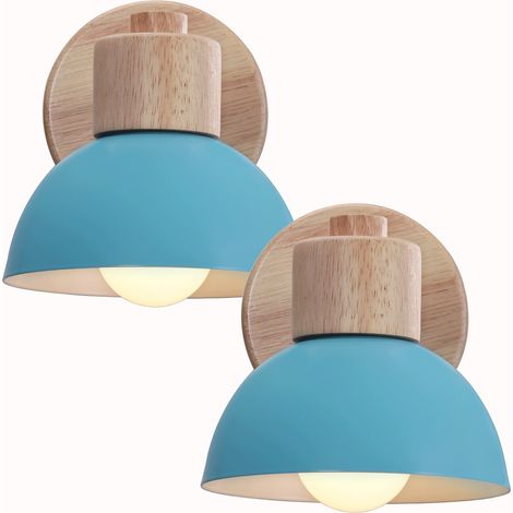 Set of 2 Industrial Modern Indoor Wall Light, Wooden Wall Lamp, E27 Vintage Lighting Fixture for Bedroom, Living Room, Hallway, Restaurant, Blue