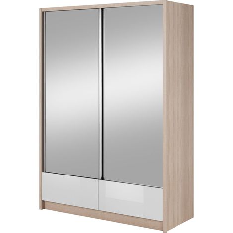 ARIA II Kleiderschrank 154 cm 2 schiebetüren spiegel sonoma eiche / weiß glänzend