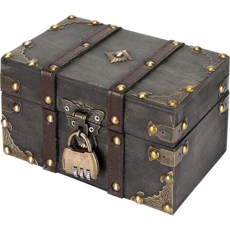 Coffre au Trésor Vintage en Bois, 18 x 11,5 x 10,5 cm coffret tresor pirate en bois, petit coffre en bois avec Serrure à Combinaison pour ranger décorer Anniversaire (1/5)