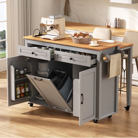 Isla de cocina 120x40-75x92 cm gris en MDF con ruedas, encimera extensible y compartimento para cubo (1/5)