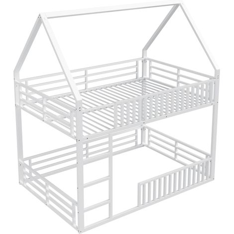Lit superposé maison 140x200 avec barrière et lumière LED, blanc
