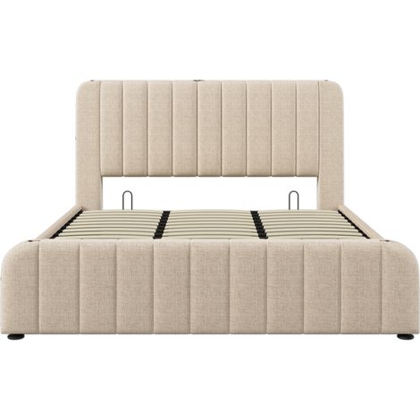 Lit rembourré double, tête de lit rembourrée avec bandes décoratives dorées et fonction de charge USB Type-C, 180200 cm, matériau en lin beige, lit de rangement hydraulique (sans matelas) (1/5)