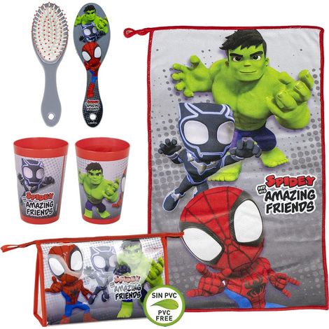 Marvel Spidey & Friends Set 3 Pz Asilo: Asciugamano, Spazzola e Bicchiere