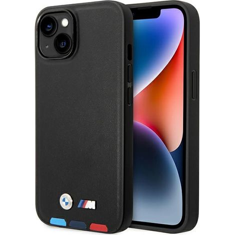 Custodia BMW BMHCP14M22PTDK per iPhone 14 Plus / 15 Plus da 6,7" in pelle nera con stampa tricolore. (1/5)
