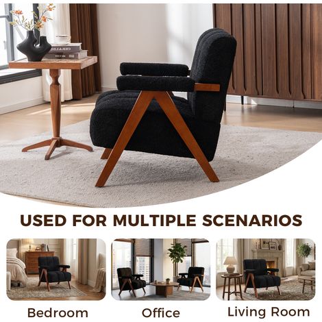 Fauteuil lounge en tissu bouclé, piètement bois noir, avec accoudoirs, idéal salon et chambre, assise confortable, design scandinave (1/5)