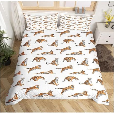 Cute Tigre Sets de Housse de Couette Kawaii Wild Animaux Parure de Lit 200x200cm Wildlife Safari Cat Jaune Blanc Réversible - W6J (1/4)
