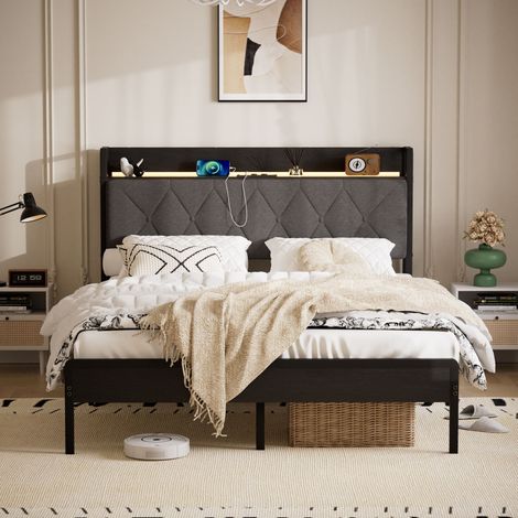 Lit capitonné double 140x190 cm avec station de charge (2 prises secteur, 2 ports USB), cadre de lit avec tête de lit capitonnée et rangement, pour chambre à coucher, couleur gris foncé (1/5)