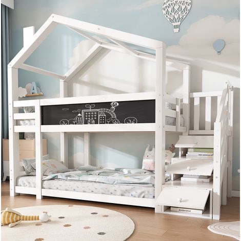 CHICFURN Litera infantil 90x200 cm de madera y MDF blanca con pizarra y almacenaje, sin colchón (1/5)