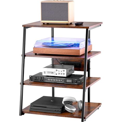 4 Niveaux Meuble Audio Visuel Étagère Multimédia pour Consoles et Décodeurs avec Multiprise et LED Marron (1/5)