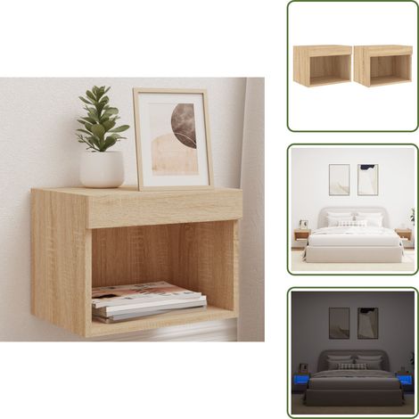 The Living Store Tables de chevet murales avec lumières LED 2 pcs chêne sonoma - Table De Chevet Murale - Luminaire Led - Éclairage RGB - Meubles Tv - Commode (1/5)