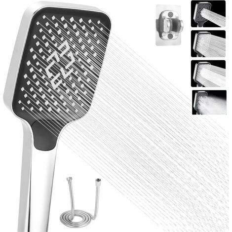 4Modes Pommeau de Douche, Pommeau de Douche Haute Pression , Douchette Douche Salle de Bain, Pommeau de Douche Economie Deau, Pommeau Douche, Grand Douchette Douche avec Tuyau et Socle (Argent) (1/5)