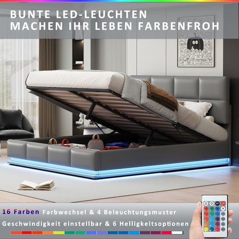 Lit double 180x200 cm avec coffre de rangement hydraulique relevable, éclairage LED intégré, sommier fourni, revêtement en similicuir gris clair (1/4)