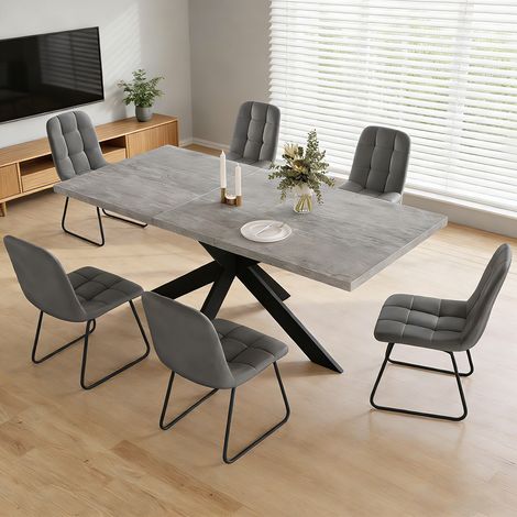 Ensemble de table à rallonges et chaises, table rectangulaire en MDF de 130 à 170 cm(6 Stühle, velours, gris)