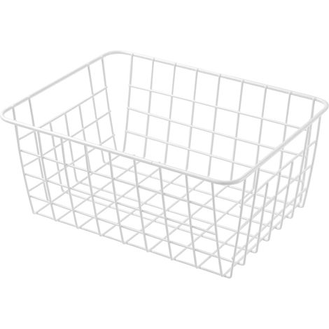 Panier de rangement en maille métallique blanche, étagère de rangement en métal, adapté aux cuisines et aux réserves alimentaires.
