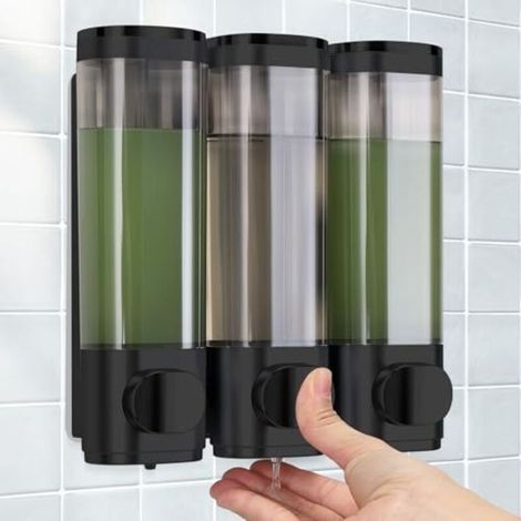 Set di 3 dispenser di sapone da parete, senza bisogno di forare, per una distribuzione uniforme del liquido, a prova di perdite, adatti per shampoo, bagnoschiuma, sapone liquido, balsamo, ecc. (1/5)