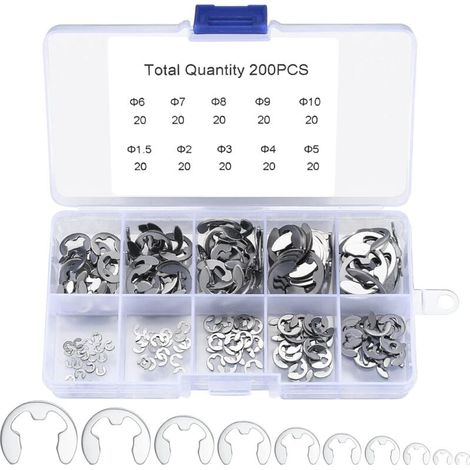Kit Assortiment 200 Éclips Anneaux Retenue Acier Inoxydable Tailles 1.5 à 10 mm (1/4)