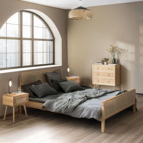 Chambre complète lit cannage avec commode et 2 chevets bois naturel 160x200 ANNA - ANNA (1/5)