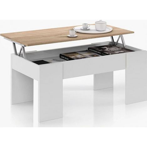 Pegane – Table basse relevable blanc artik/chêne canadien – 100 cm x 50 cm x 45-55 cm – Compartiment de rangement intégré – Design contemporain (1/5)