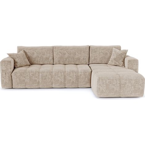 Canapé d'angle droit convertible express 5 places en velours gaufré beige VIBE (1/5)