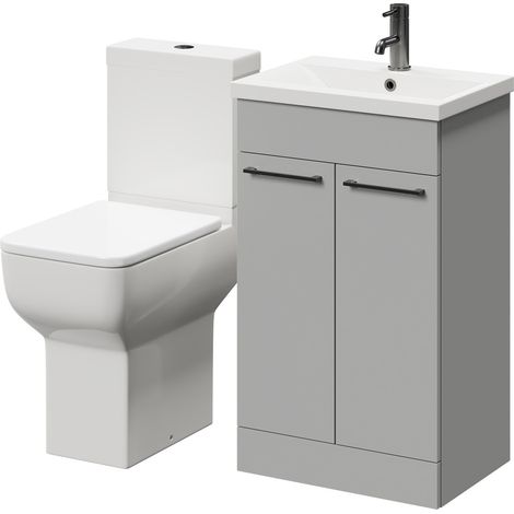 Wholesale Domestic Alessio Gloss Grey Pearl 500mm Vanity Unit and Toilet Suite including Comfort Height Toilet and Floor Standing Vanity Unit with 2 Doors and Gunmetal Grey Handles (1/5)