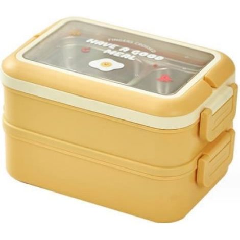 Boîte à déjeuner - Enfant - Lunch Box Étanche - 3 Compartiments - PP + Acier inoxydable - Jaune (1/4)