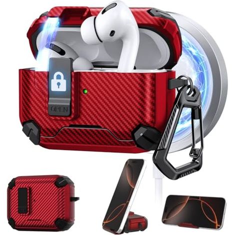 Étui De Protection - Pour Boîtier De Charge D’écouteurs Sans Fil - Fermeture Magnétique Automatique - Finition Fibre De Carbone Rouge - Compatible Recharge Sans Fil QI - 1 Pièce (1/5)