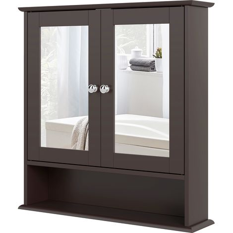 Armoire de Salle de Bain avec Miroir 2 Portes Étagère Ouverte Réglable Marron Foncé 56x13x58cm