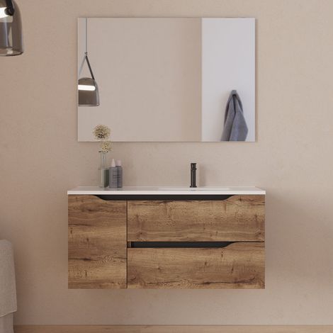 Meuble de salle de bain 100cm avec vasque déportée à droite et miroir - 2 tiroirs et un placard - tabaco (bois foncé) - ZARZA (1/5)