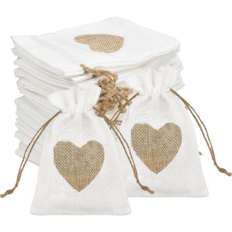 Lot de 30 sacs en jute, petits sacs en forme de cœur, 13 x 18 cm, sacs cadeaux en jute avec étiquettes en forme de cœur, petits sacs à remplir, sacs en jute, sacs en lin pour cadeaux de mariage, bonbo (1/5)