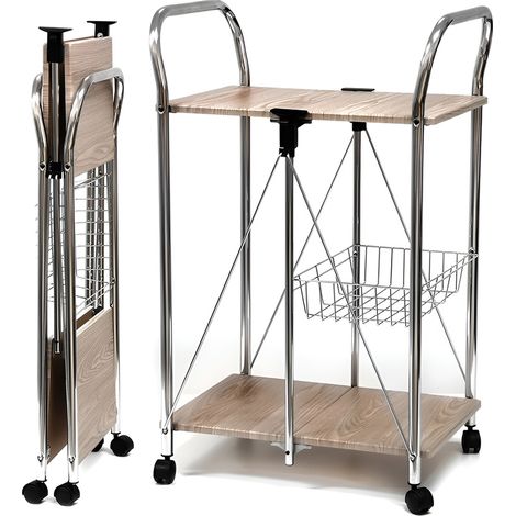 Carrello richiudibile con 2 ripiani in legno e cestino carrellino salvaspazio con 4 ruote struttura in acciaio per casa cucina ristorante (1/5)