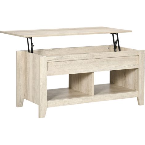 Lift Top Coffee Table w/ Hidden Storage Compartment Open Shelves Lift Tabletop Pop Up Centre Table for Living Room Oak Effect